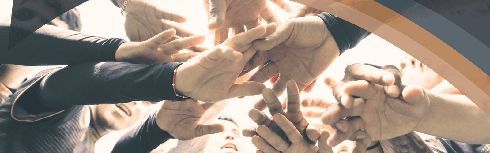 Hands united in a circle symbolizing Optimum Transitions' collaborative team approach and core values of trust, integrity, and putting clients first through every transition